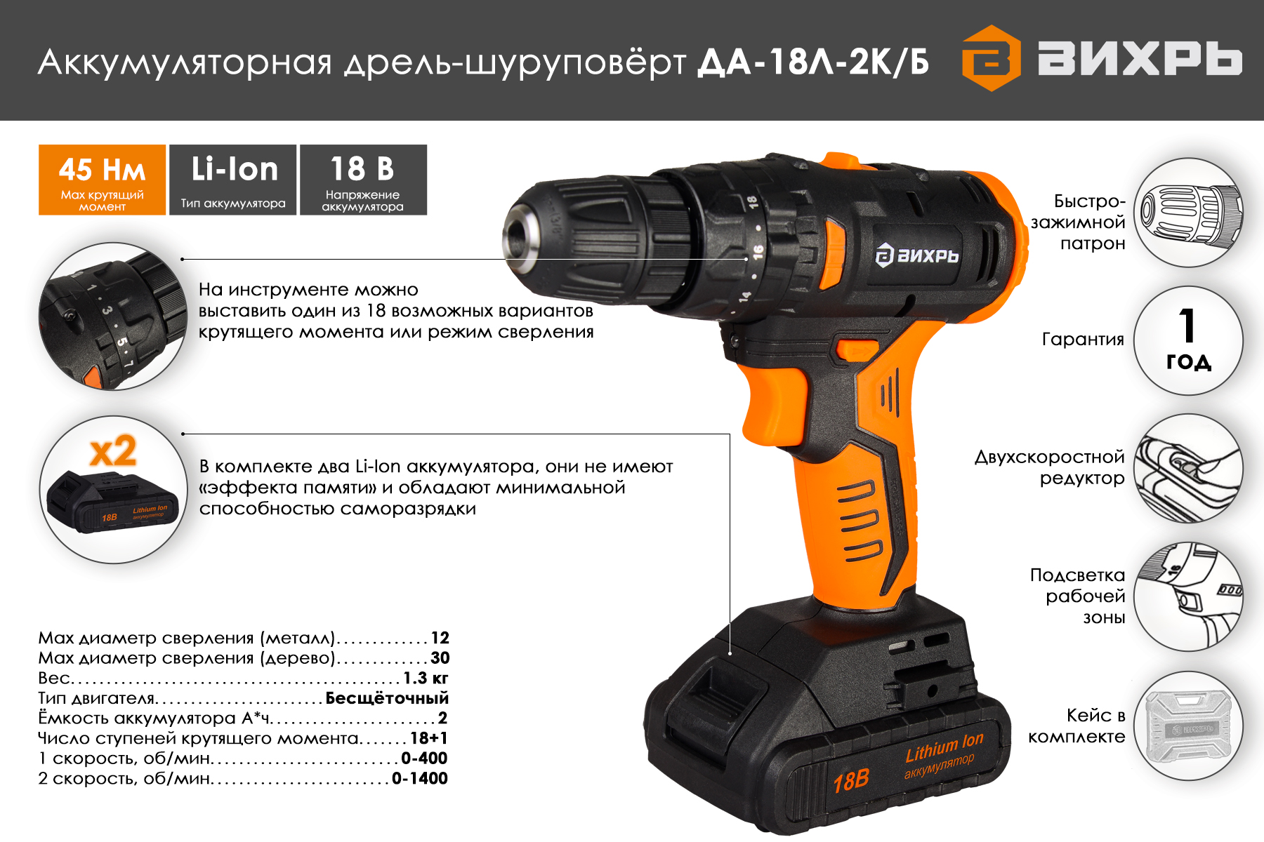 Дрель-шуруповерт аккумуляторная Вихрь ДА-18Л-2К/Б