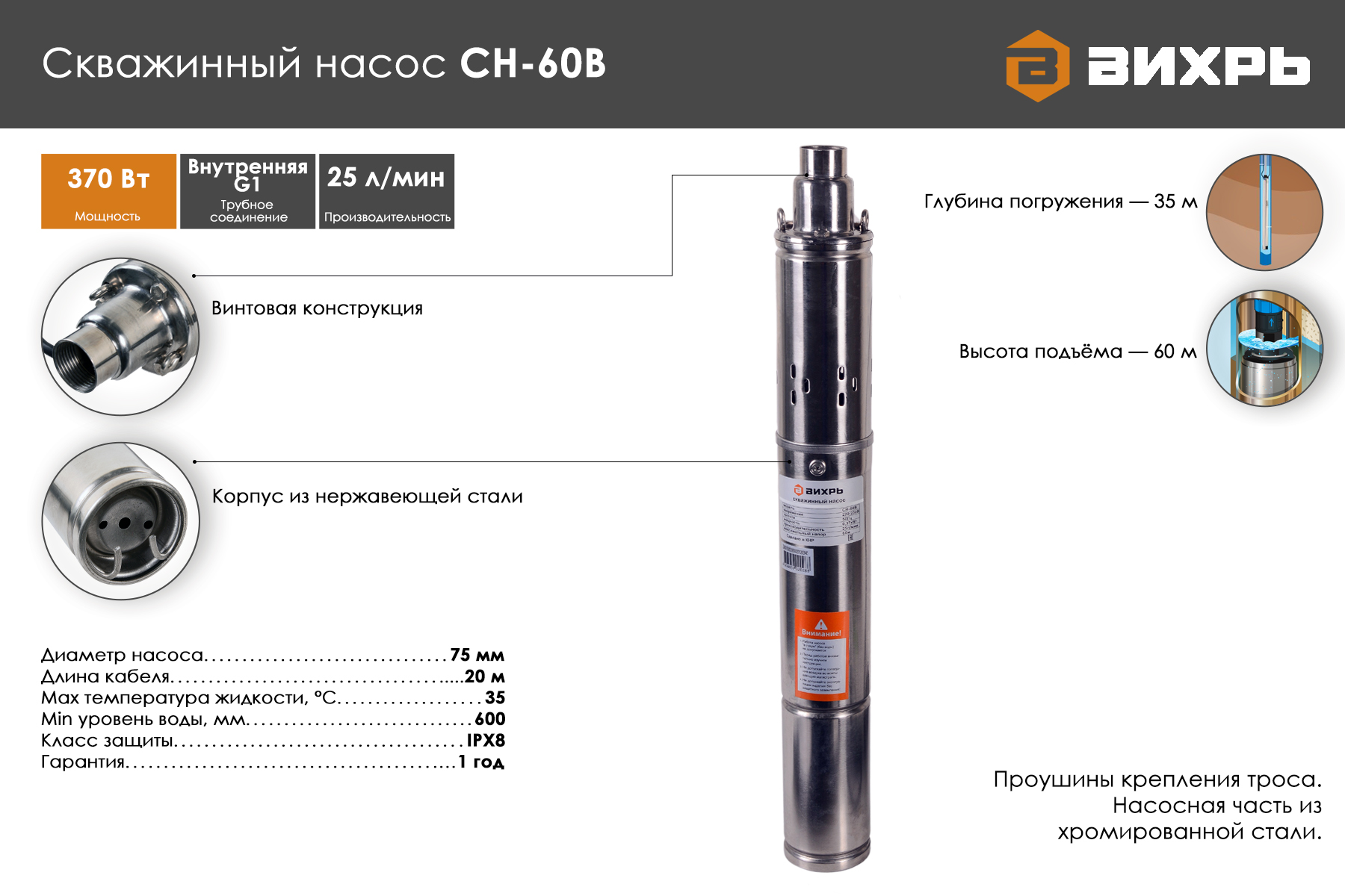 Скважинный насос ВИХРЬ СН-60B 68/3/8