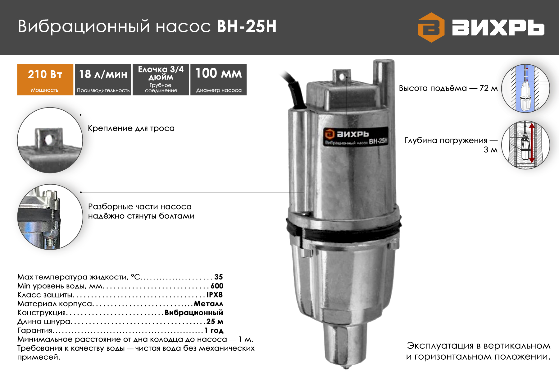 Вибрационный насос ВИХРЬ ВН-25Н 68/8/11