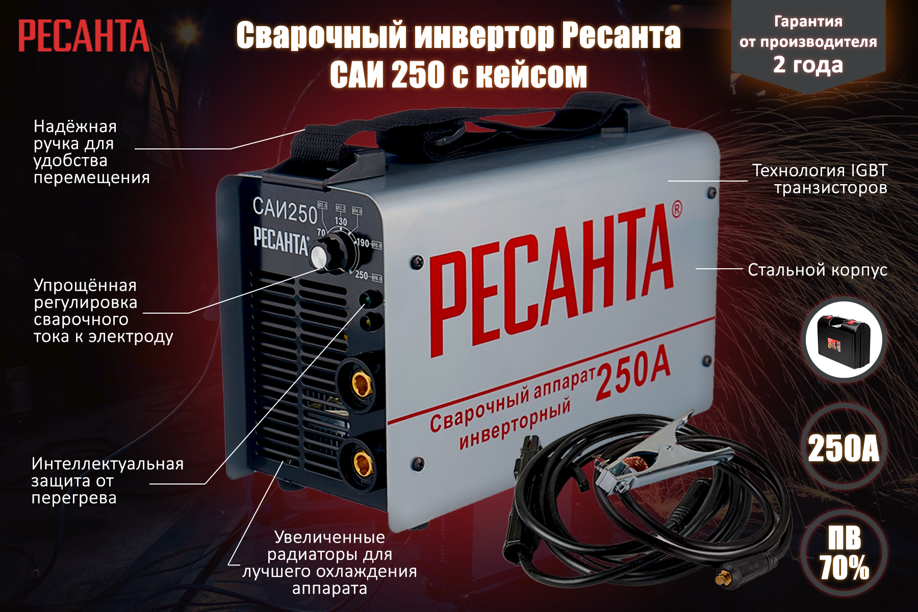Сварочный аппарат инверторный Ресанта САИ 250 в кейсе 65/23