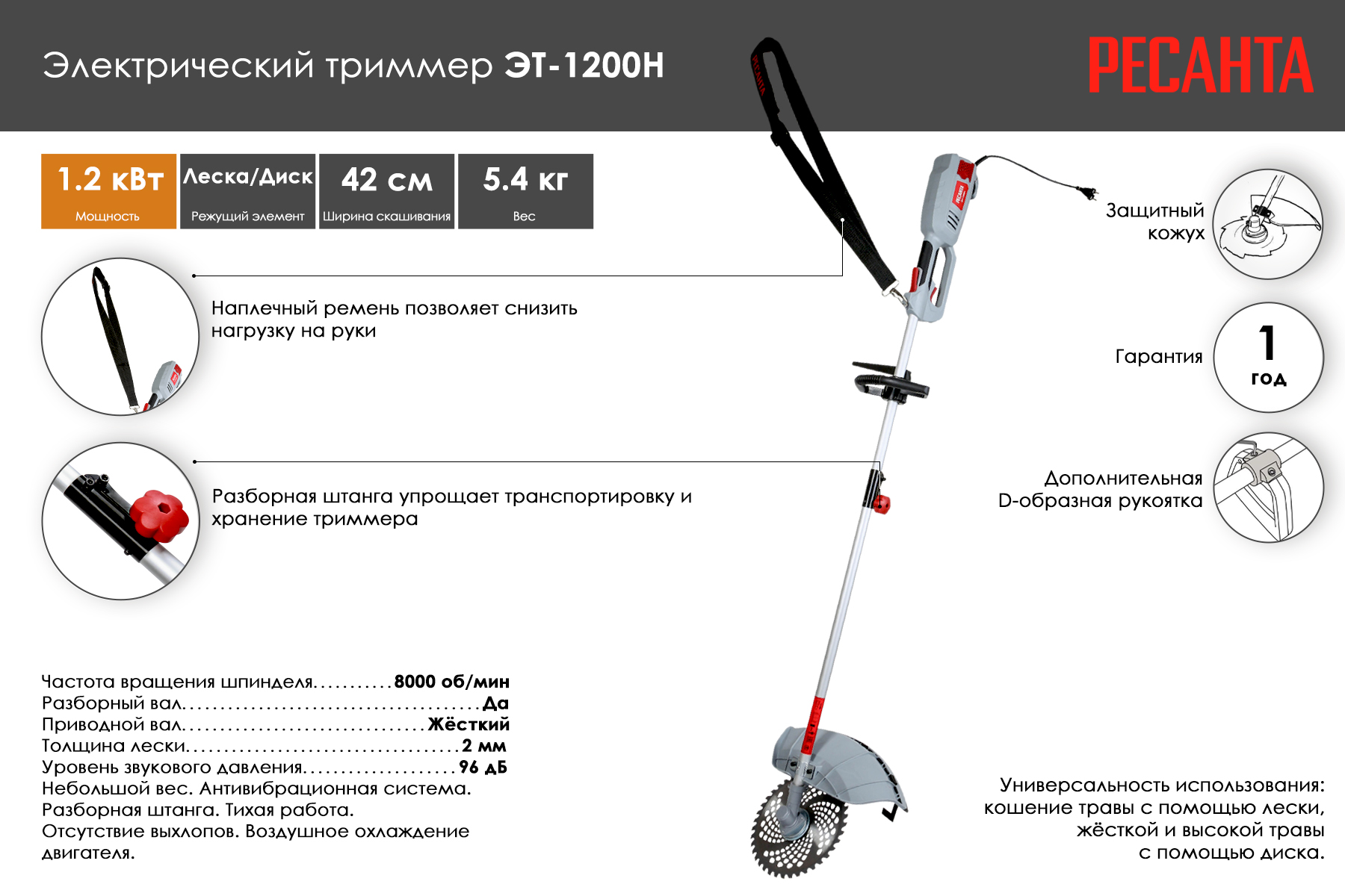 Электрический триммер Ресанта ЭТ-1200Н 70/1/21