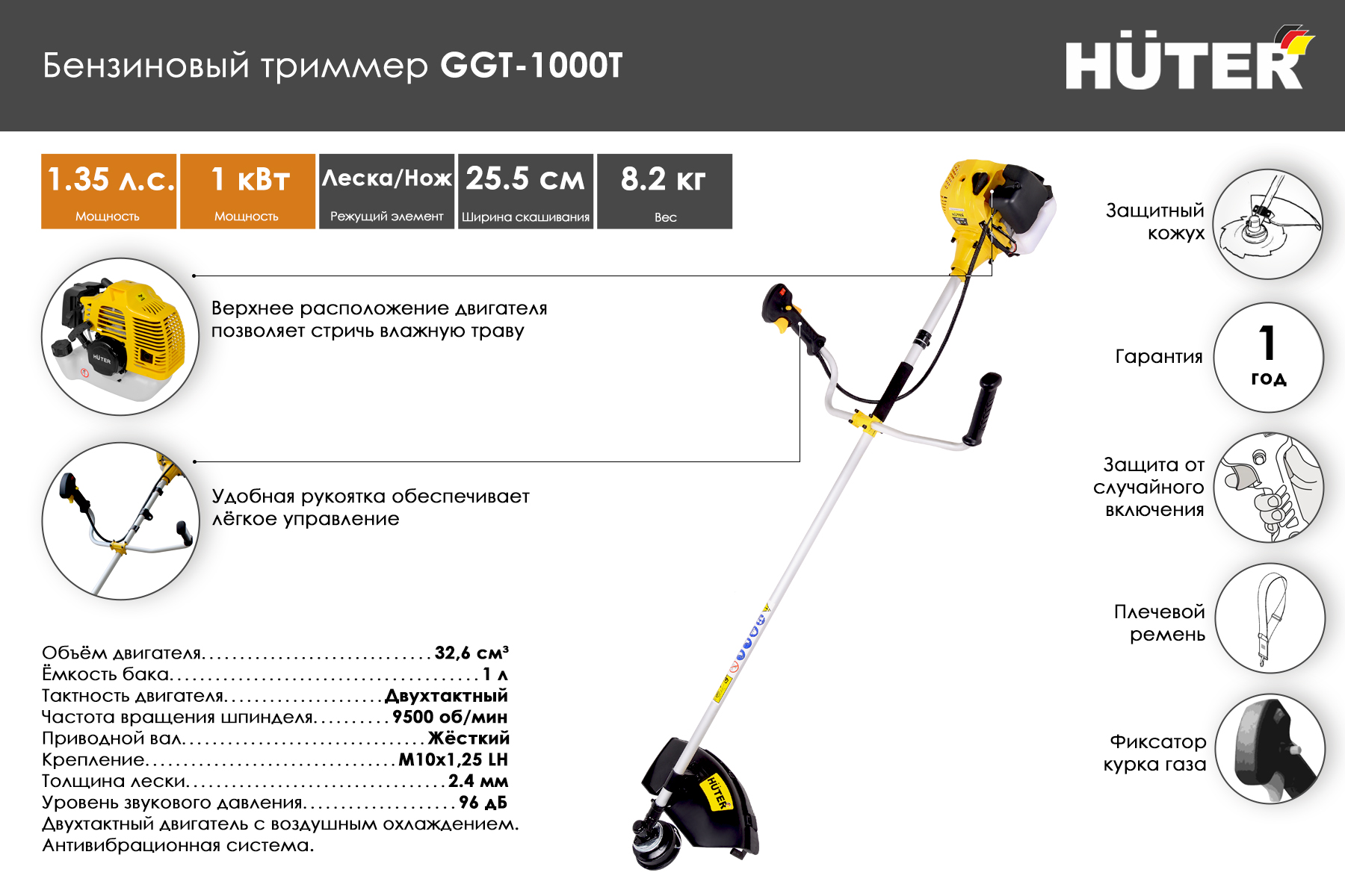 Триммер бензиновый Huter GGT-1000T