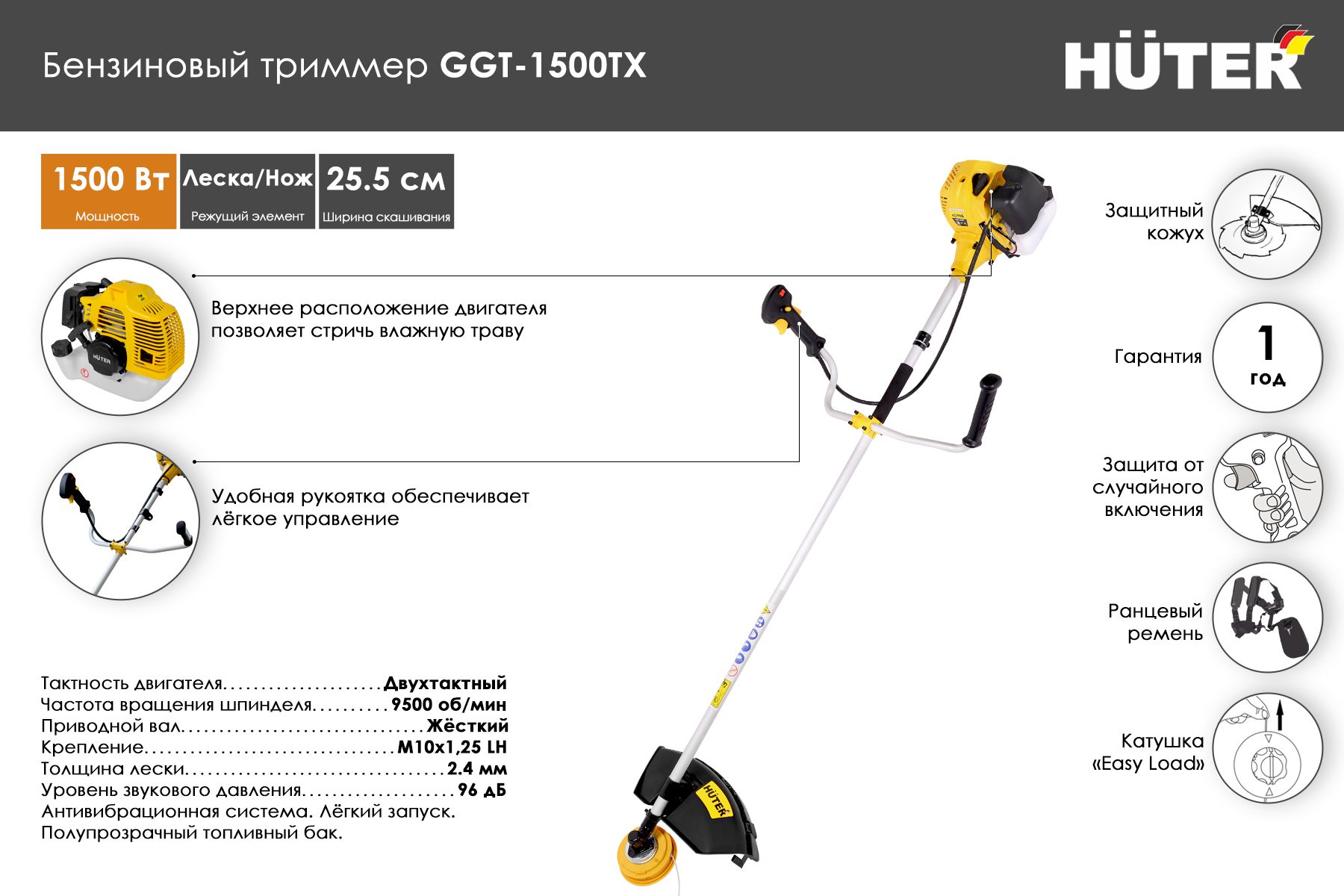 Триммер бензиновый HUTER GGT-1500TX 70/2/21