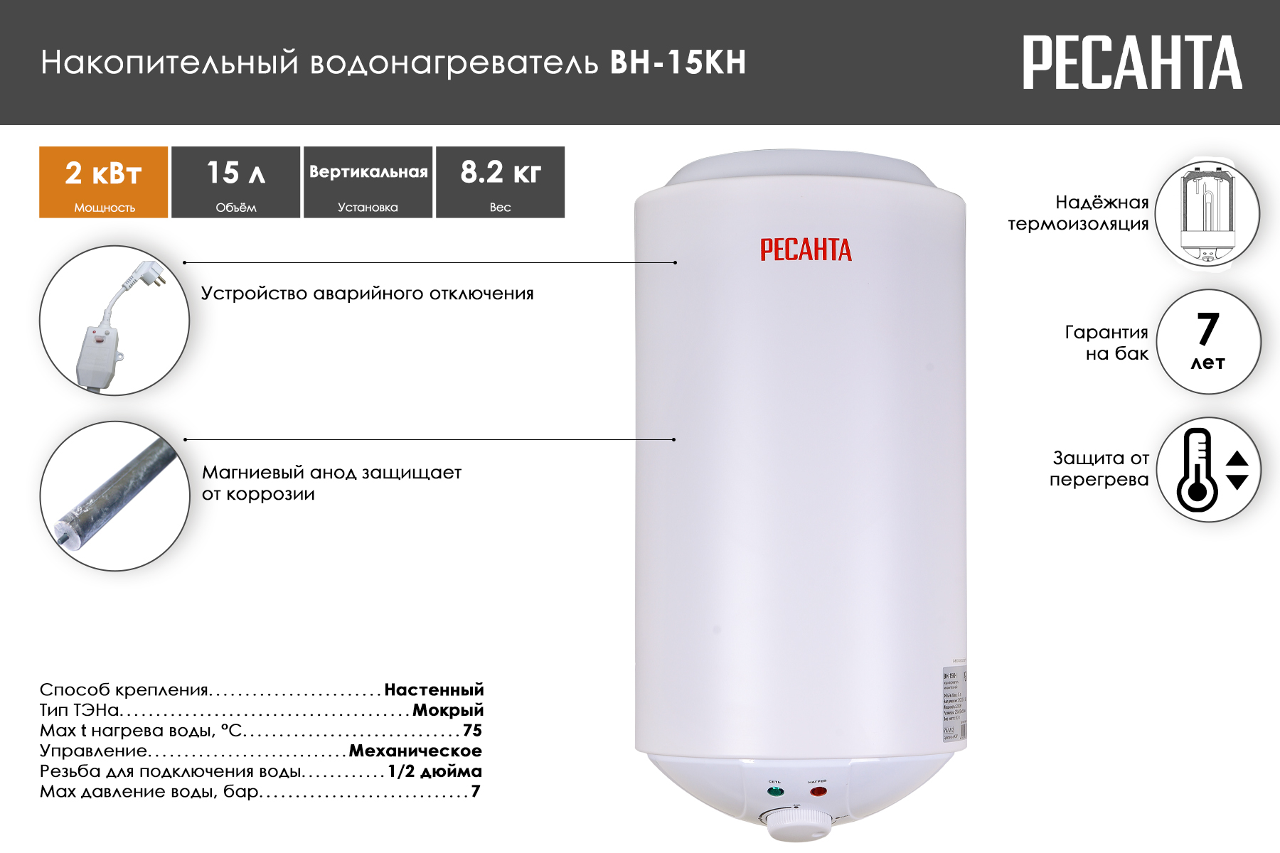 Водонагреватель накопительный Ресанта ВН-15КН 74/5/12